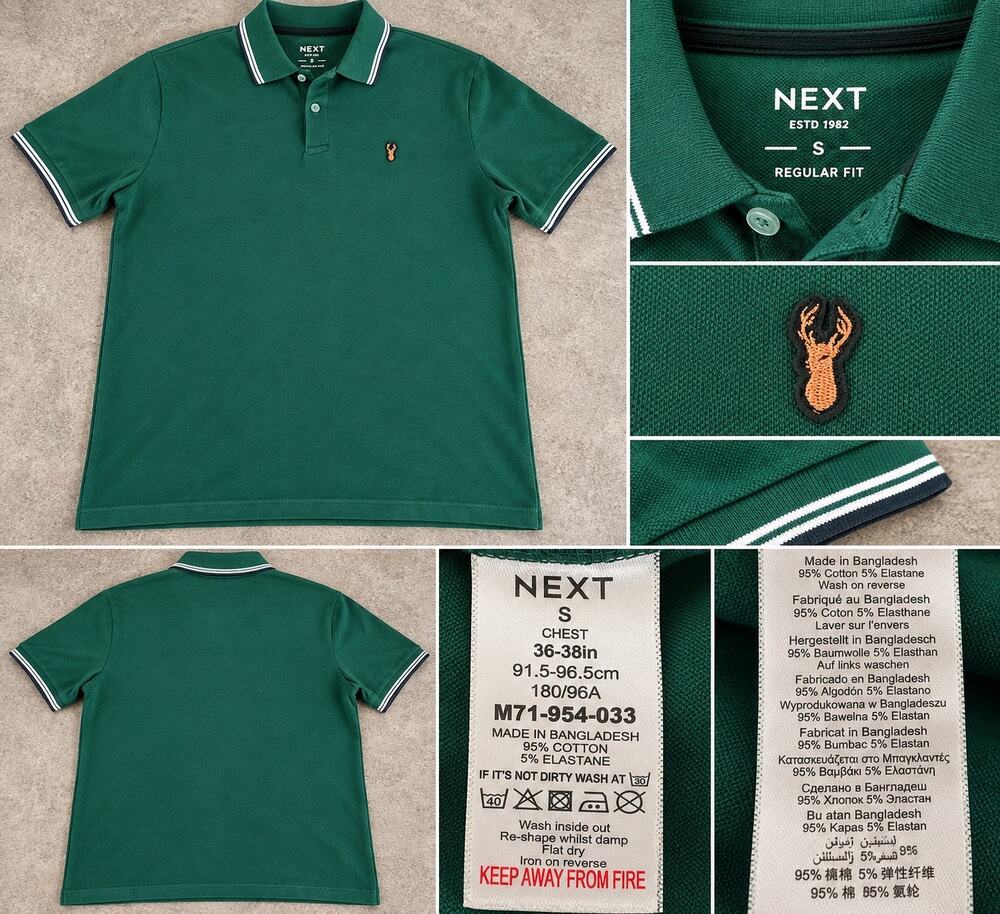 NEXT Men's Forest Green Pique Polo Shirt Stag Logo Striped Trim Size S